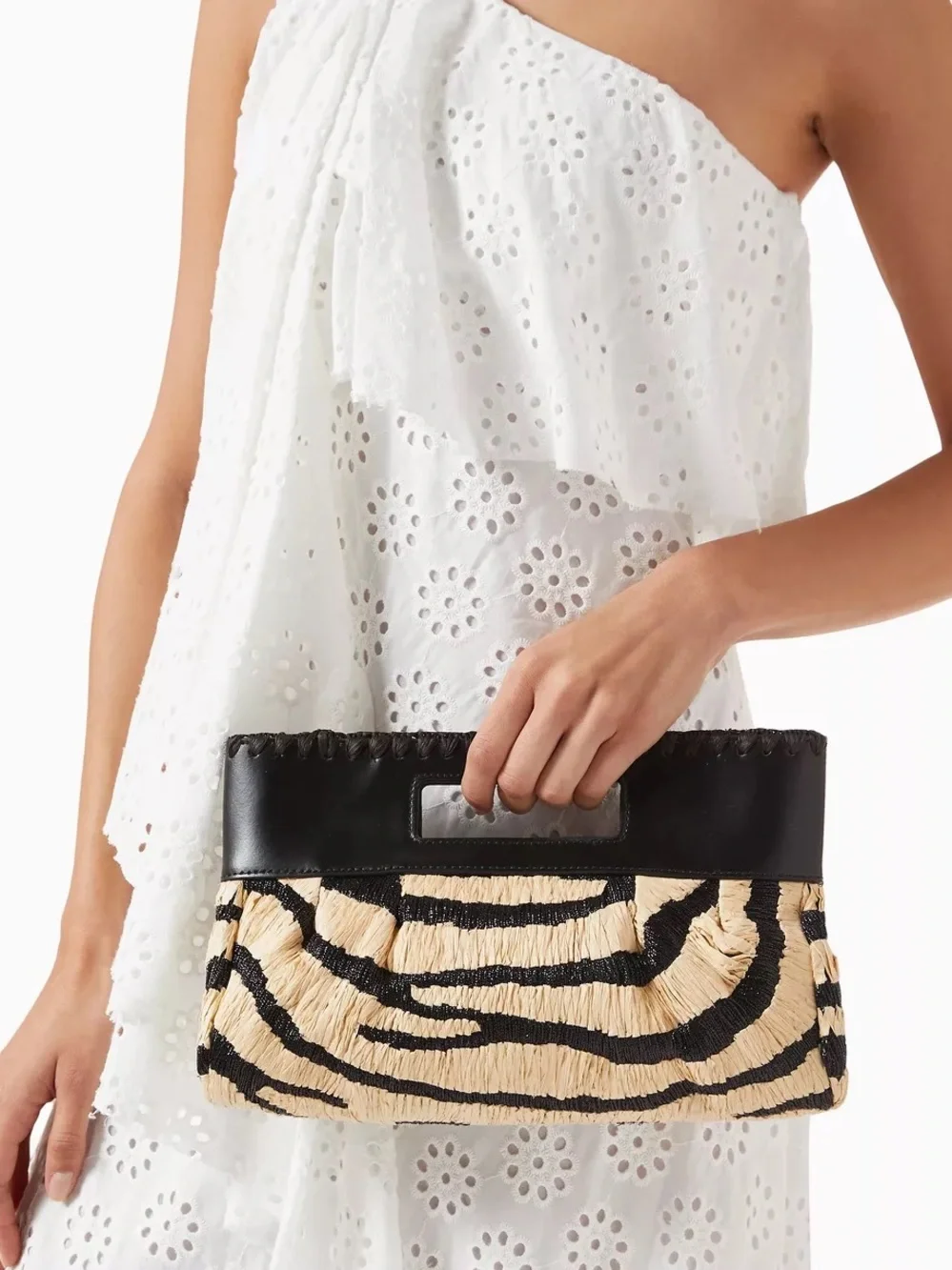 STAUD Black and Natural Zebra-Print Woven Shoulder Bag NWT
